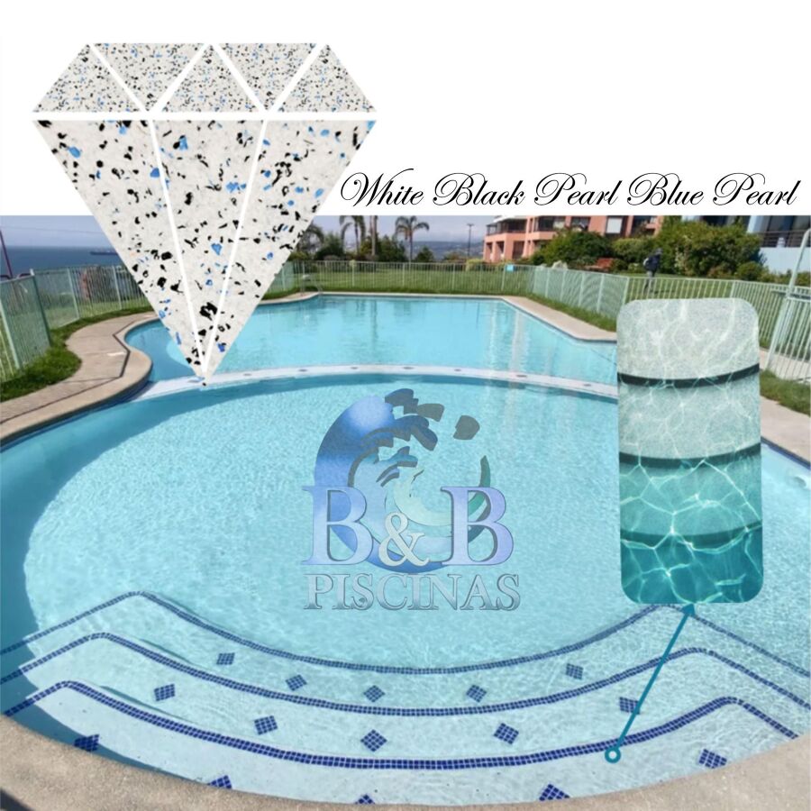 Piscina con revestimiento White Black Pearl Blue Pearl.