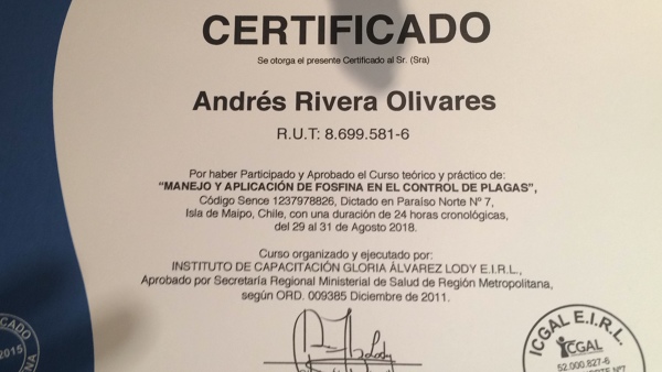 Certificado de aplicador Fosfina