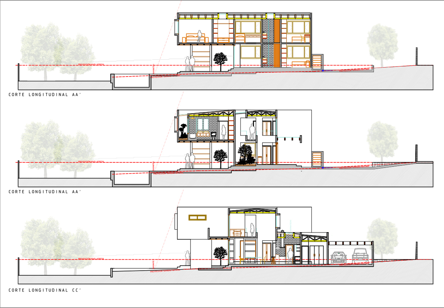Cortes longitudinales. Proyecto casa BL piedra roja – Chicureo.