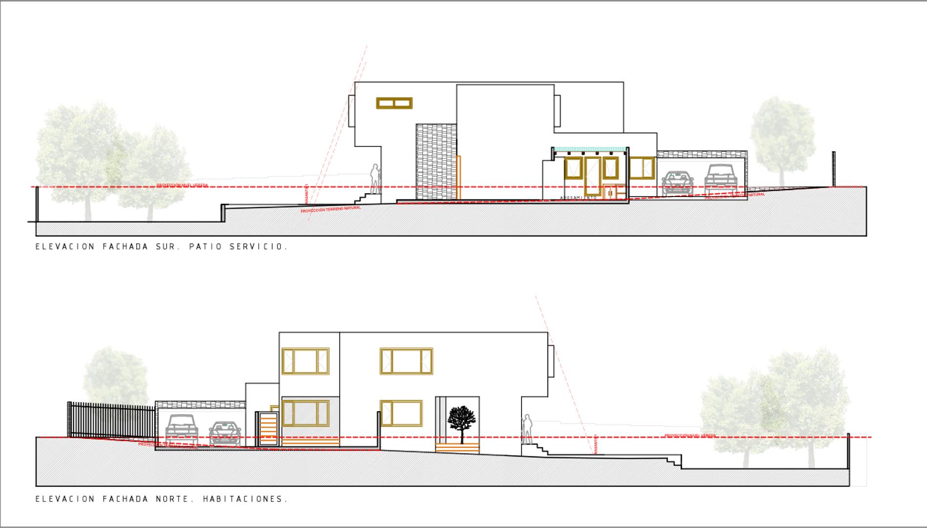 Elevaciones Fachadas longitudinales. Proyecto casa BL piedra roja – Chicureo.
