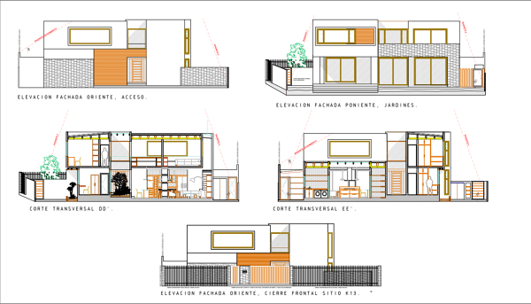 Elevaciones Fachadas y Cortes. Proyecto casa BL piedra roja – Chicureo.