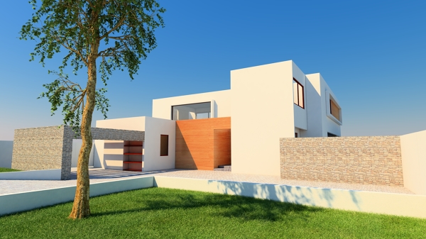 Render Fachada Acceso. Casa BL piedra roja - Chicureo.